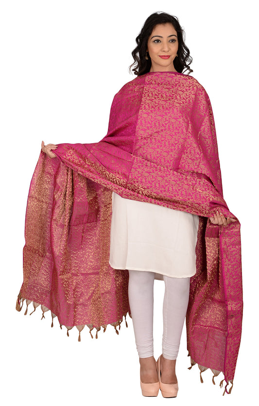 YOUTHQUAKE Women's & Girls Golden Zari Jacquard Banarsi Silk Dupatta with (Rani Pink) 2.25 Meter