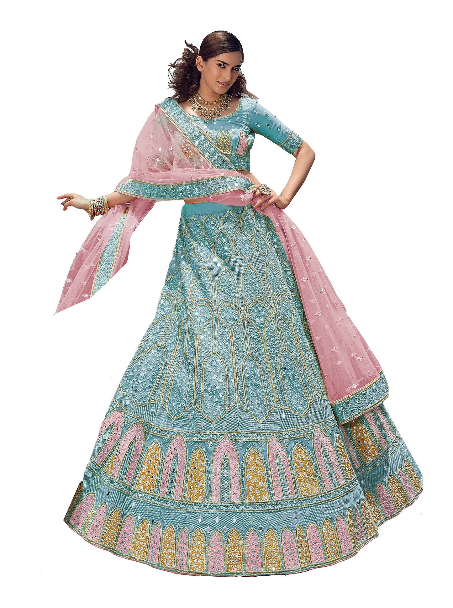 FUSIONIC Admirable Sky blue Stone Work organza base Base Lehenga Choli For Women