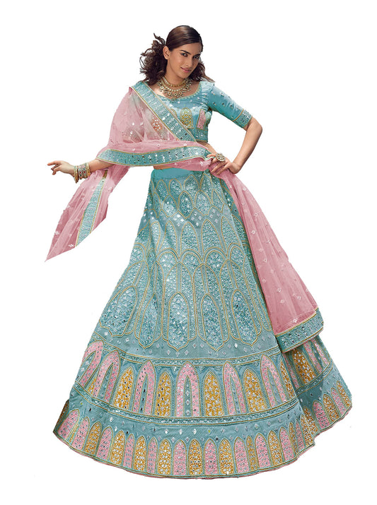 FUSIONIC Admirable Sky blue Stone Work organza base Base Lehenga Choli For Women