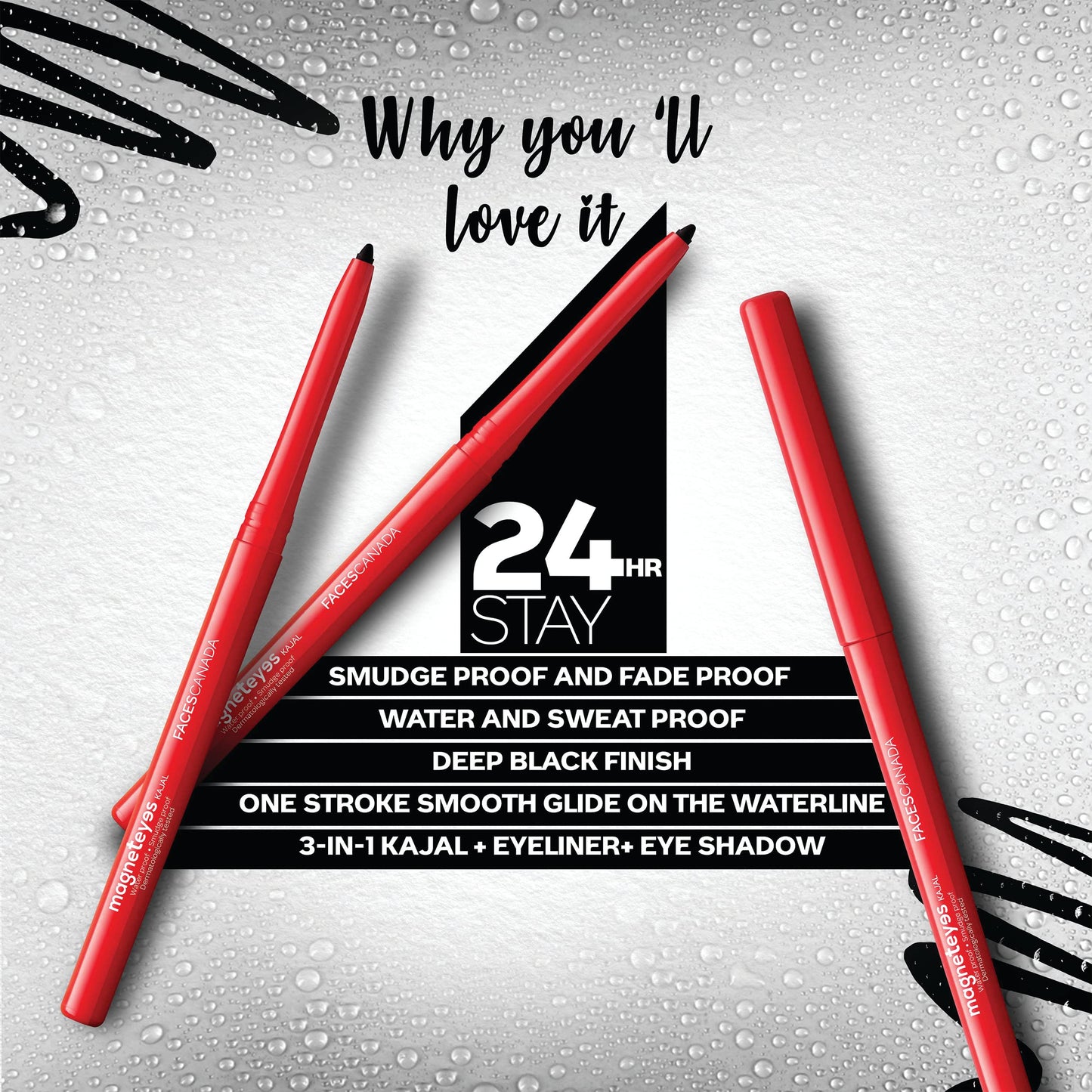 FACESCANADA Magneteyes Kajal Stick- Black, 0.35G | 24 Hr Long Stay | One Stroke Smooth Glide | Waterproof, Smudgeproof & Fadeproof | Deep Matte Finish | Enriched With Almond Oil&Vitamin E(Pack Of 3)