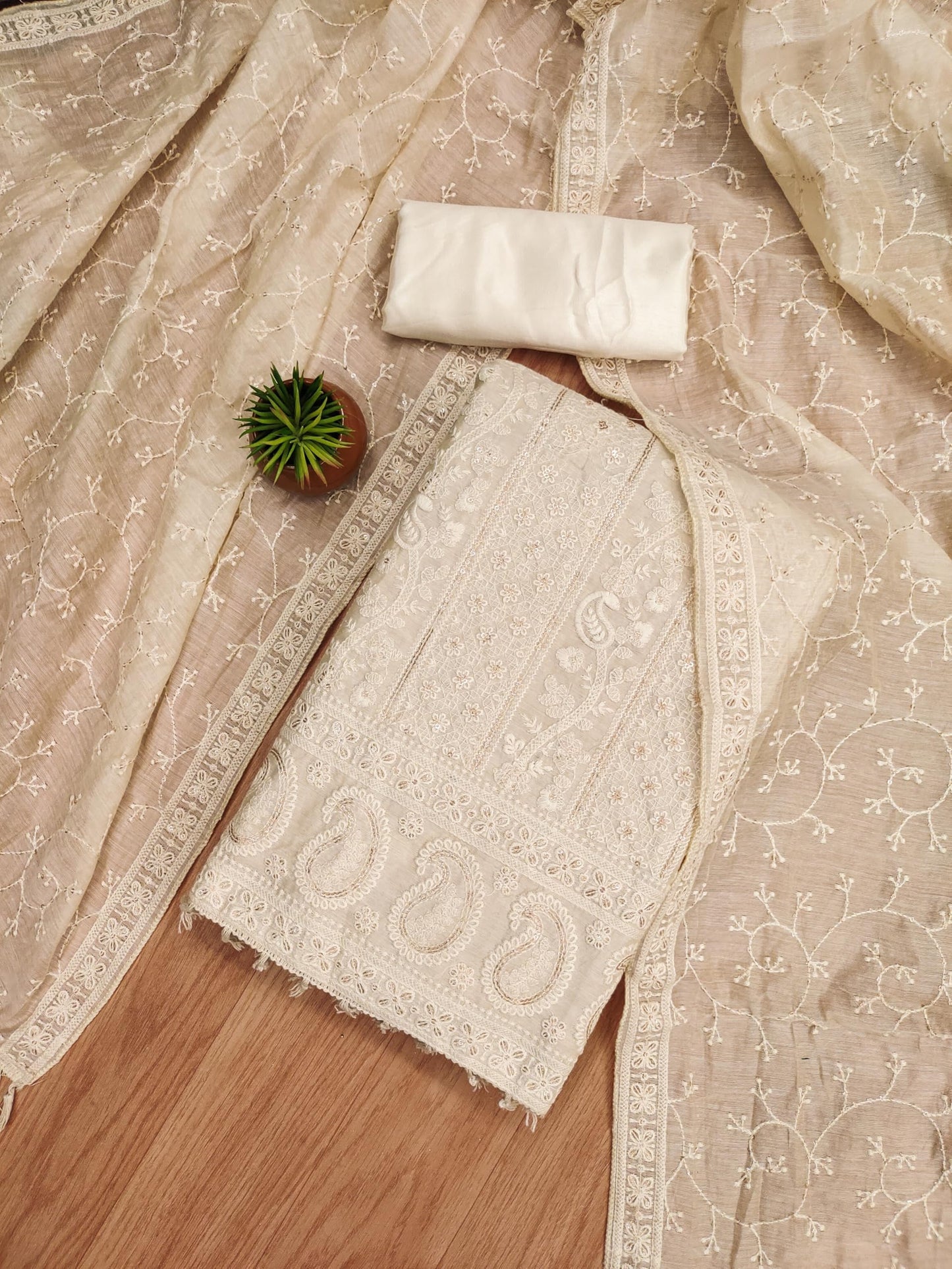 Pandadi Saree Women's Elegant Lucknowi Work with Modal Chanderi and Embroidered Dupatta Unstitched Dress Material (Off White)