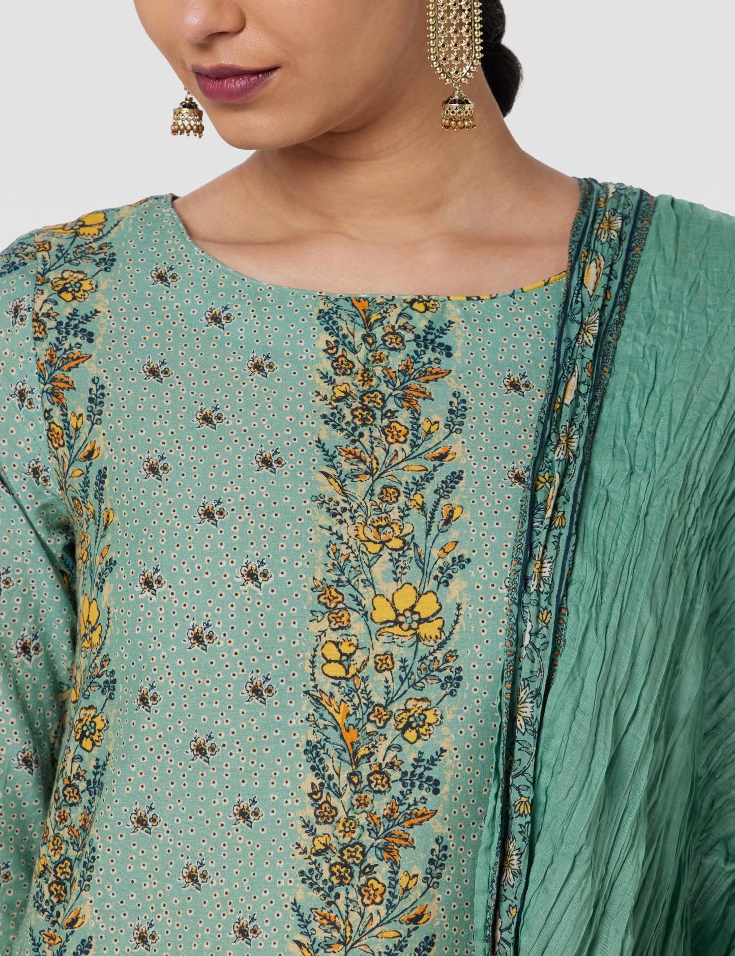 BIBA Women's Sage Green Printed Cotton Straight Suit Set_38