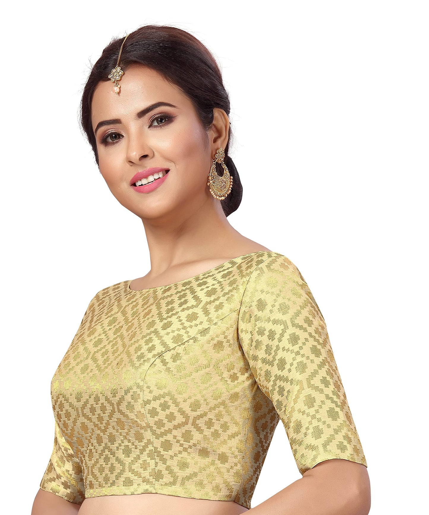 Studio Shringaar Women's Readymade Brocade Elbow Length Sleeves Saree Blouse (Light Gold, 48)