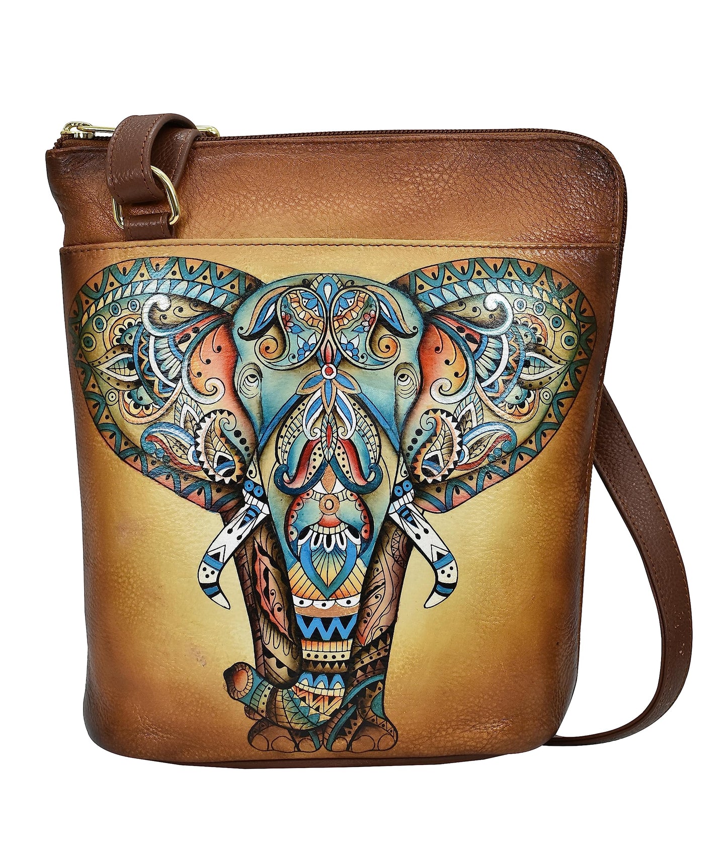 Anuschka Women’s Hand-Painted Genuine Leather Organiser Crossbody with Extended Side Zipper - Elephant Mandala