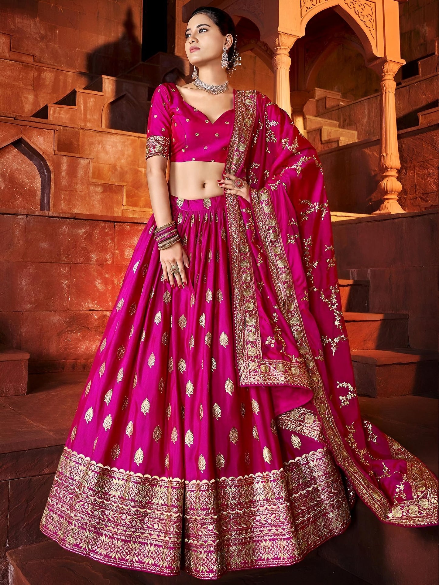 Zeel Clothing Women's Art Silk Sequins Zari Embroidered Art Silk Semi Stitched Lehenga Choli With Dupatta (5111-Pink-Womens-Lehenga-Choli-Latest; Free Size) (Pink)