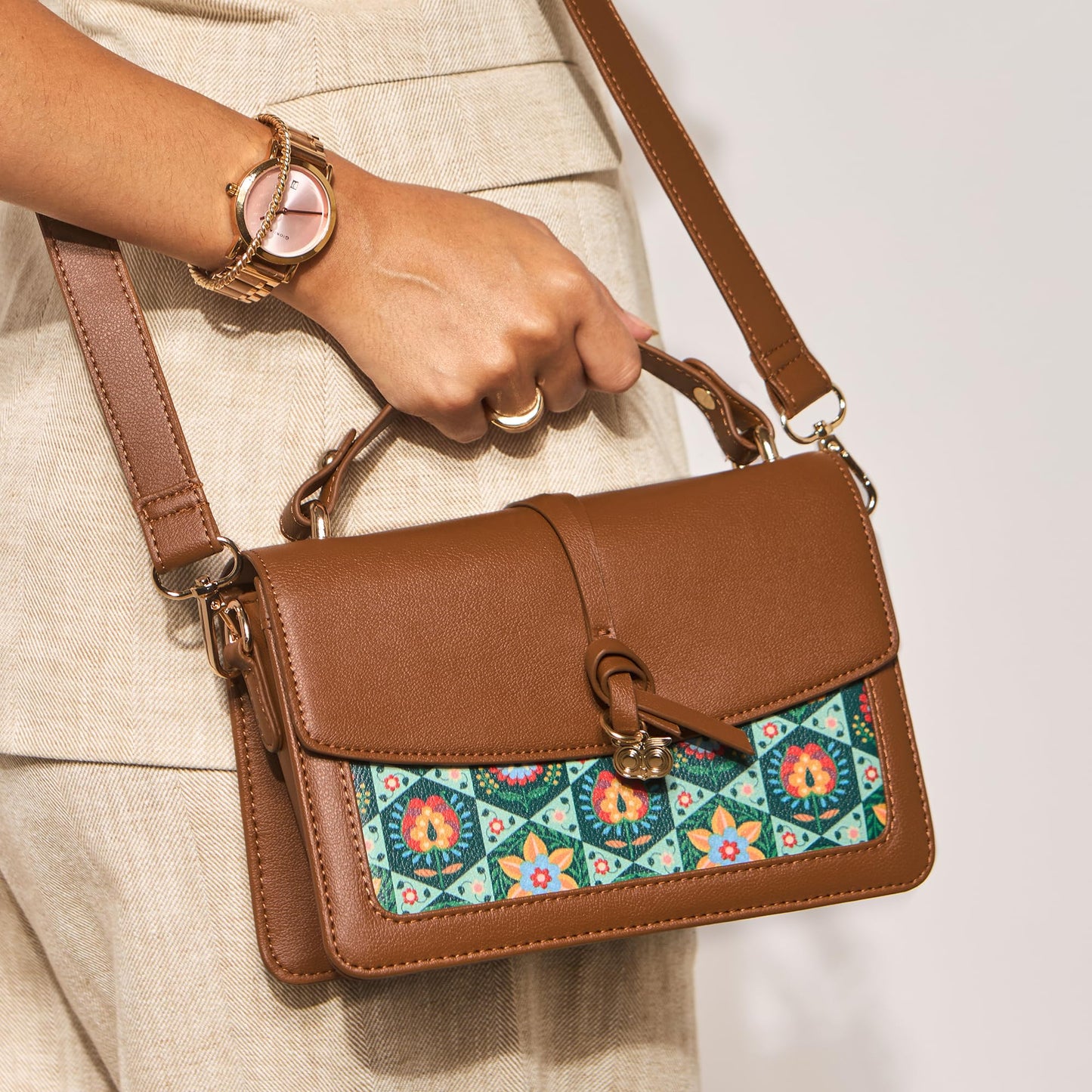 Chumbak London Satchel for Women, Tan Floral PU Leather, Digital Nomad Collection, Structured Zipper Satchel, Elegant and Durable Shoulder Bag for Travel and Work