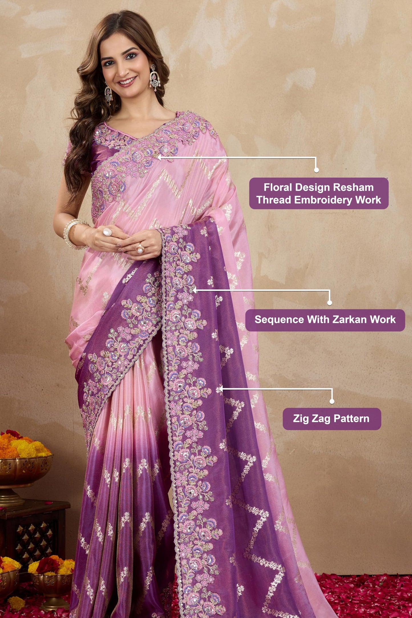 TRENDMALLS Women's Jacquard Silk Embroidery Saree with Unstitched Blouse Piece (K1172-Purple)