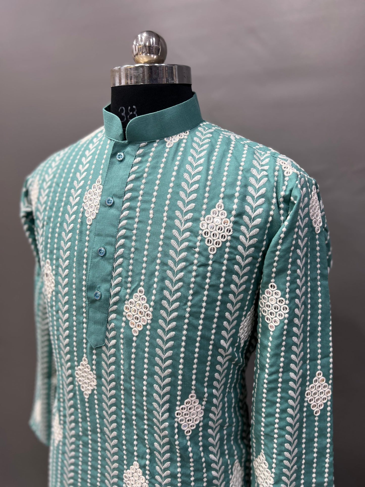 LAZZLY Sequin Embroidered Pure Cotton Kurta for Men | Knee Length | Festival | Ethnic Wear | Mirror Kurta | (in, Alpha, M, Regular, Pee_Rama)