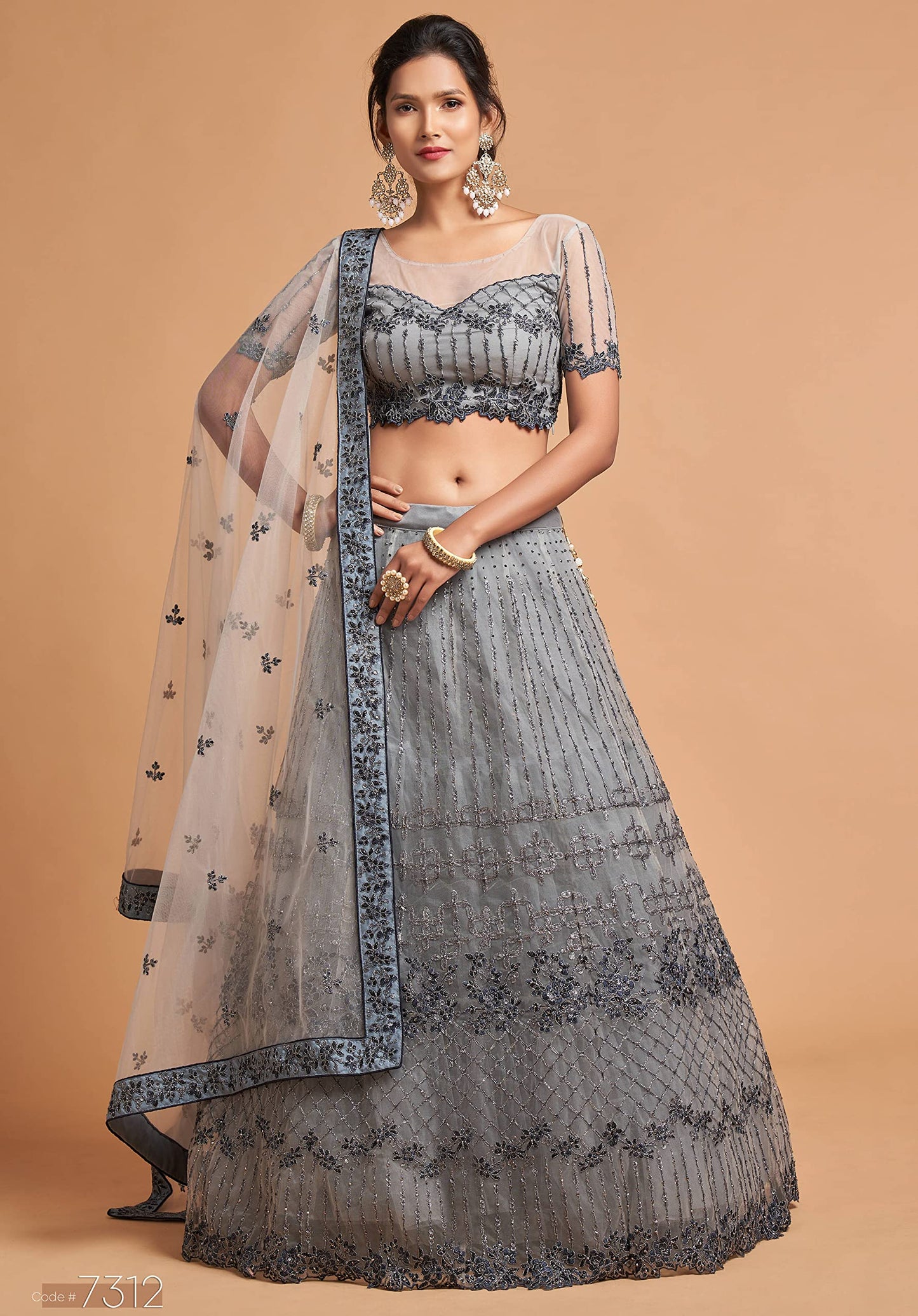 Zeel Clothing Women's Net Embroidered Semi-Stitched Bridal New Lehenga Choli with Dupatta (7312-Grey-Wedding-Girlish-Latest-Lehenga; Free Size)