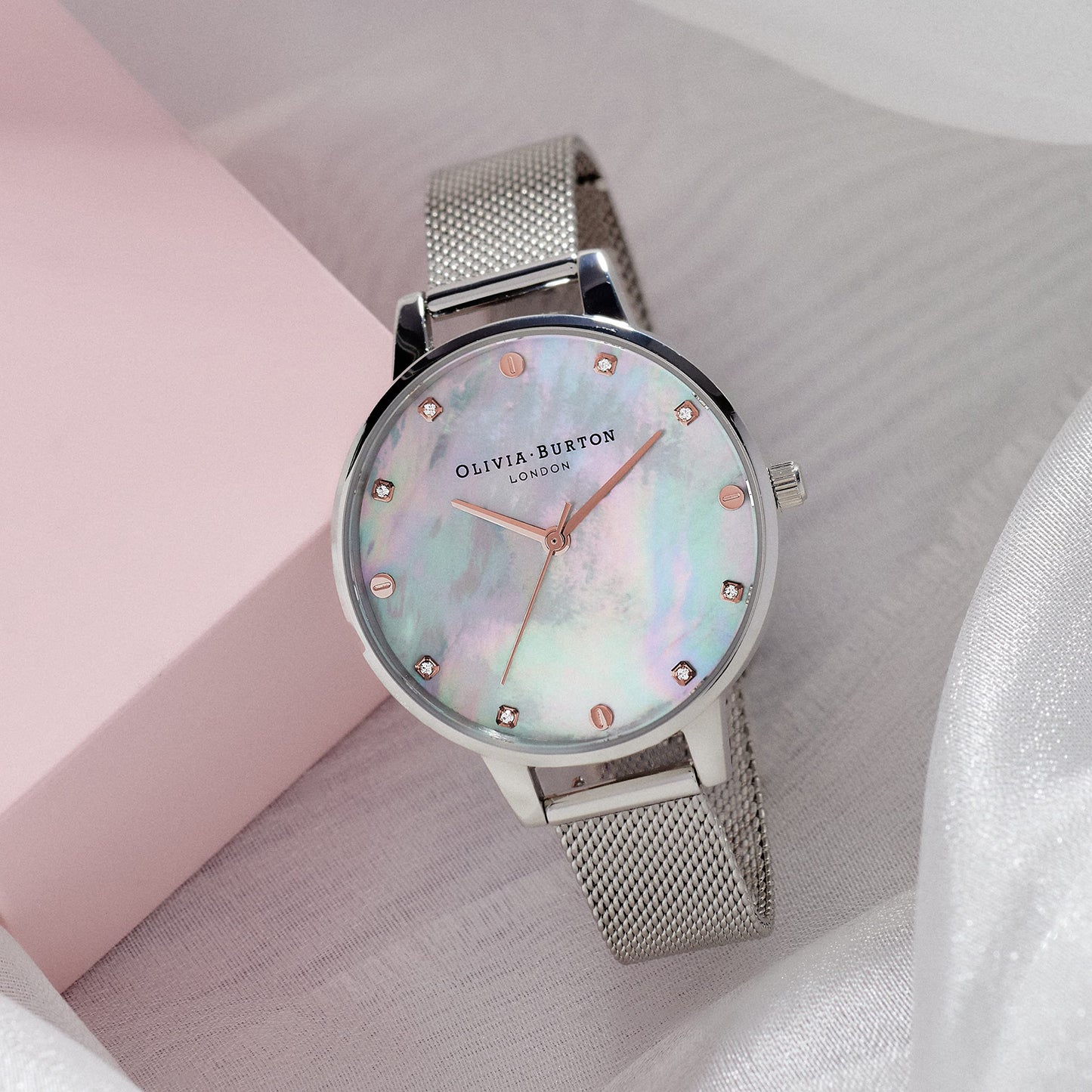 Olivia burton Classics Qtz Basic White Mother of Pearl & Stone & Stud Round Dial Women's Watch|Stainless Steel Material|Silver Color Band - OB16SE07