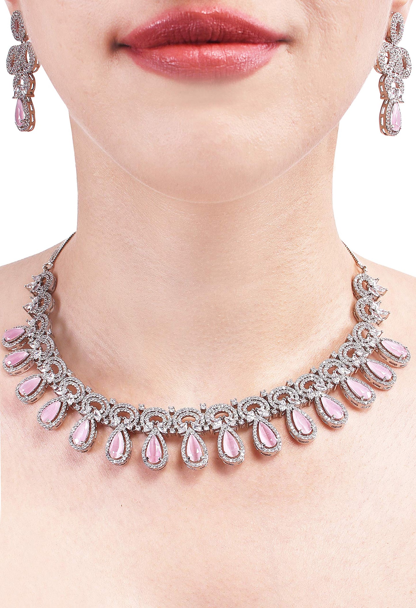 Ratnavali Jewels Brass Silver Plated Designer Pink White Cubic Zirconia Heavy Bridal Necklace & Earrings Set for Women & Girls RV4077P