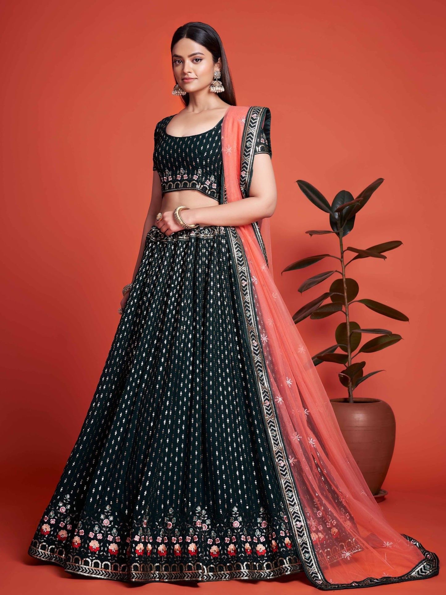 Zeel Clothing Women Sequins Thread Embroidered Georgette Semi-Stitched Lehenga Choli With Dupatta (6021-Green-Wedding-Stylish-Latest; Free Size)