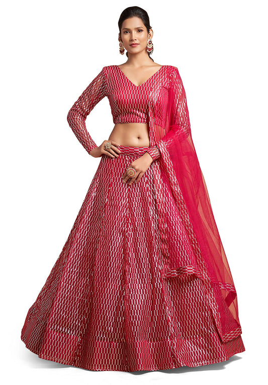 Zeel Clothing Women's Net Embroidered Semi-Stitched New Bridal Lehenga Choli with Dupatta (7310-Pink-Wedding-Girlish-Latest-Lehenga; Free Size)