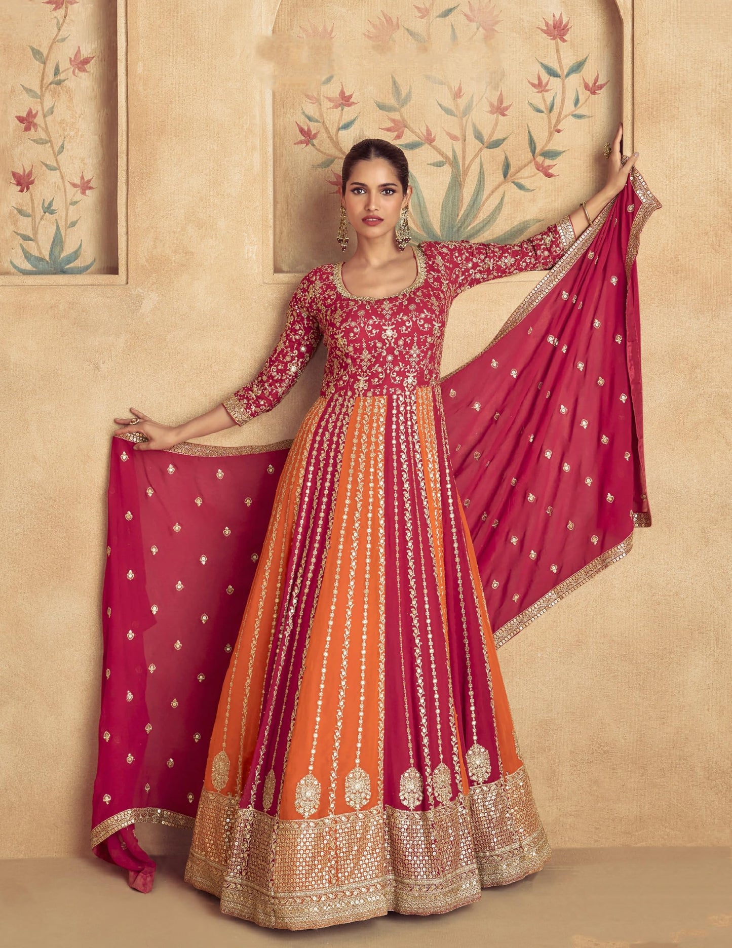 Miss Ethnik Women's Pink Chinon Stitched Gown With Dupatta 3/4 Sleeve Embroidered Anarkali Gown (ME-1231-Pink-3XL)