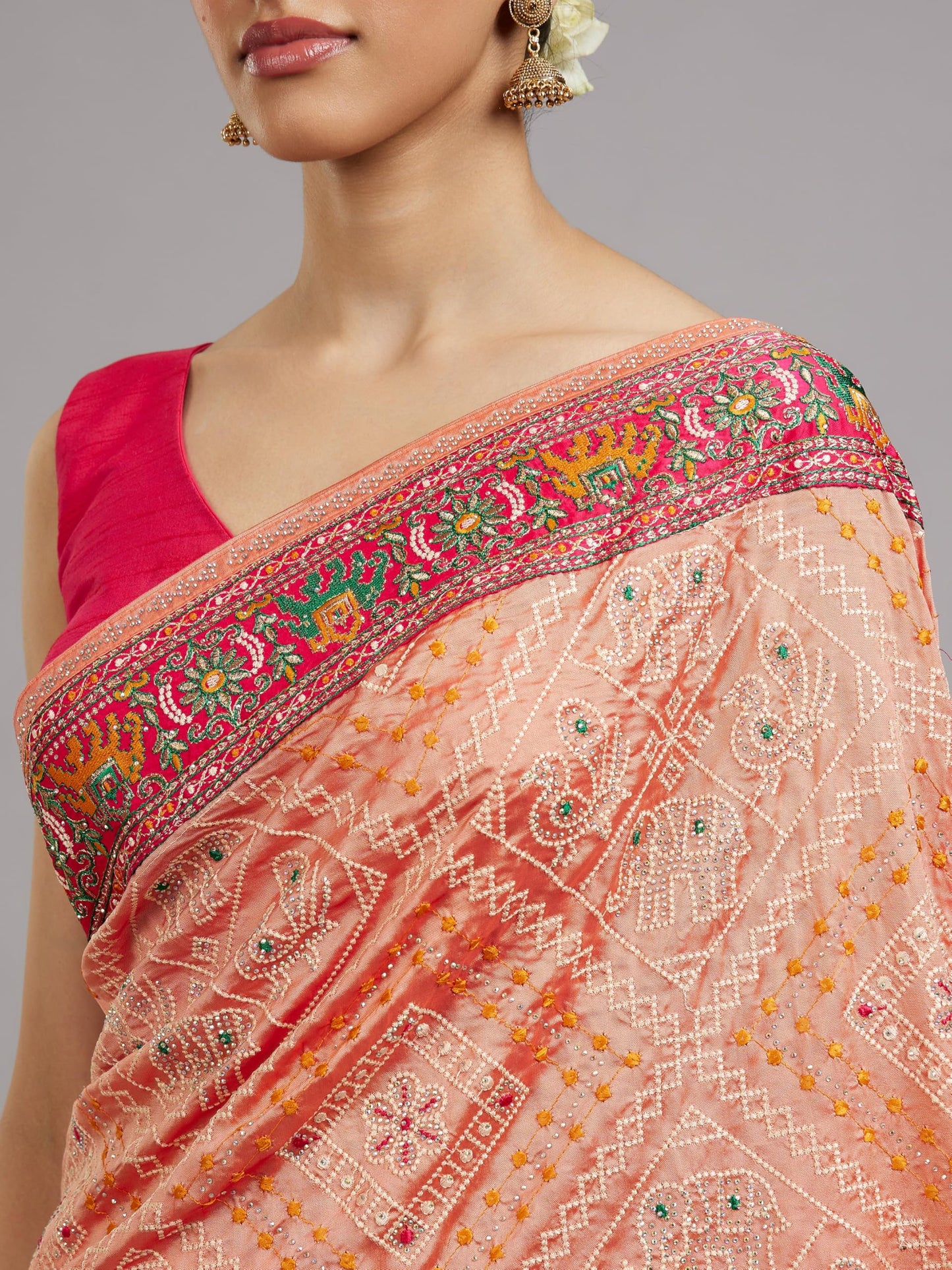 MOHEY Women's Art Silk Thread Work Tribal Design Saree with Blouse Piece(Peach)