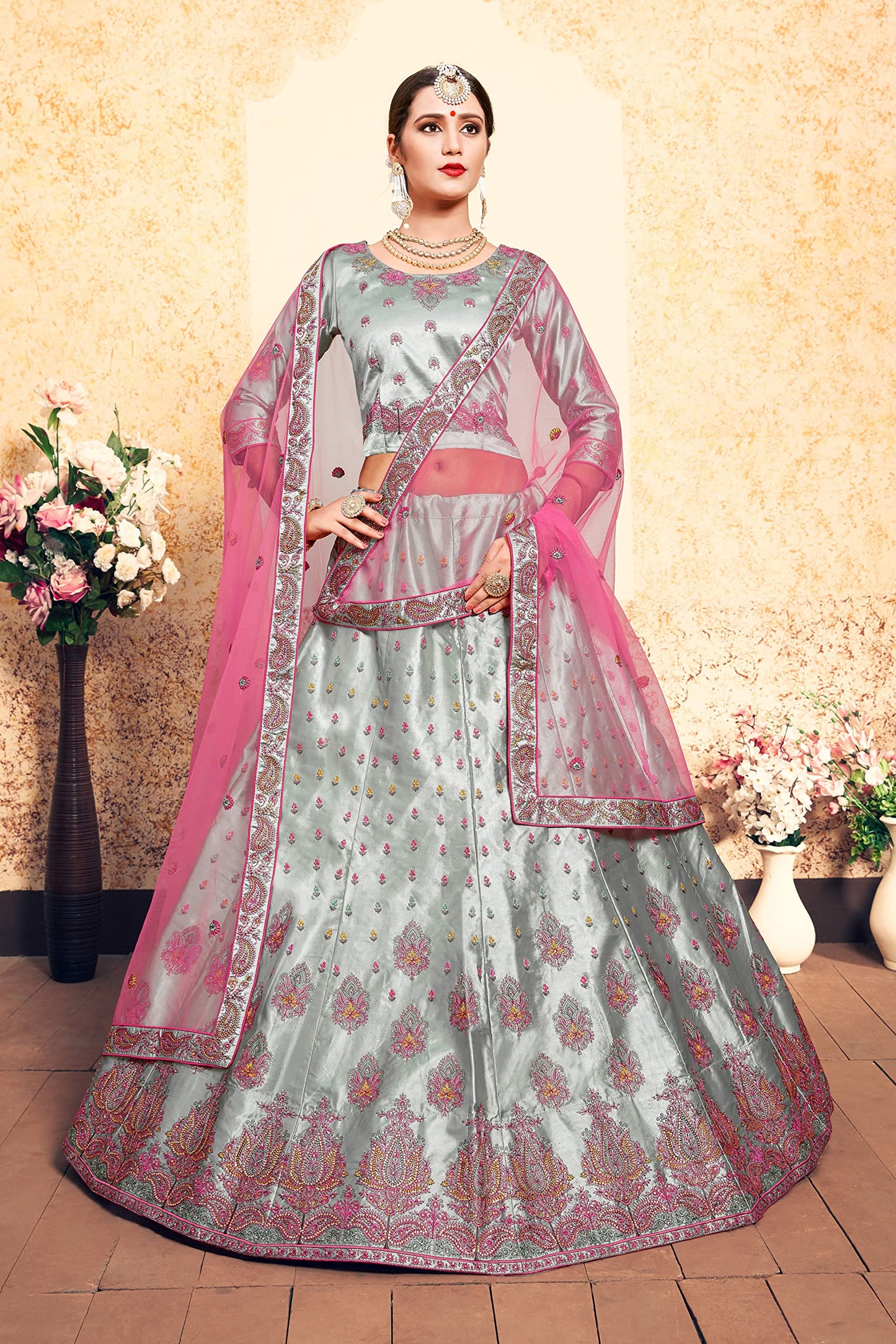 FUSIONIC Beautiful Grey colored Soft Net base designer Lehenga Choli For Women