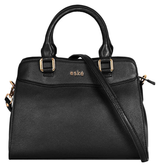 eske Rheta Genuine Leather Handbag for Women | Cosmos Leather Shoulder Bag with Dual Compartments | Detachable Strap | Zip & Slip Pockets | Elegant Office & Daily Tote (Black)