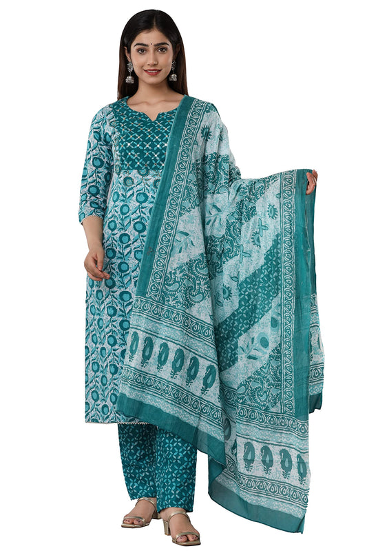 Vnyashri Cotton kurta set with dupatta for women (IN, Alpha, S, Regular, TEAL GREEN)