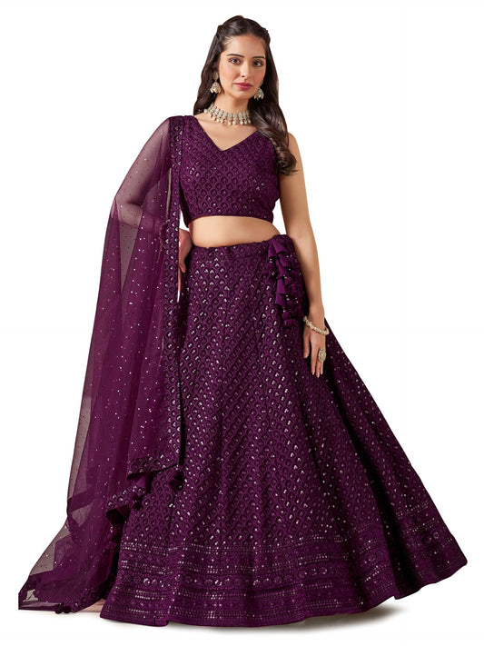 Zeel Clothing Women's Sequins Thread Embroidered Georgette Lehenga Choli With Dupatta (5124-Women-Lehenga-Choli-New; Free size) (Yellow) (Wine)