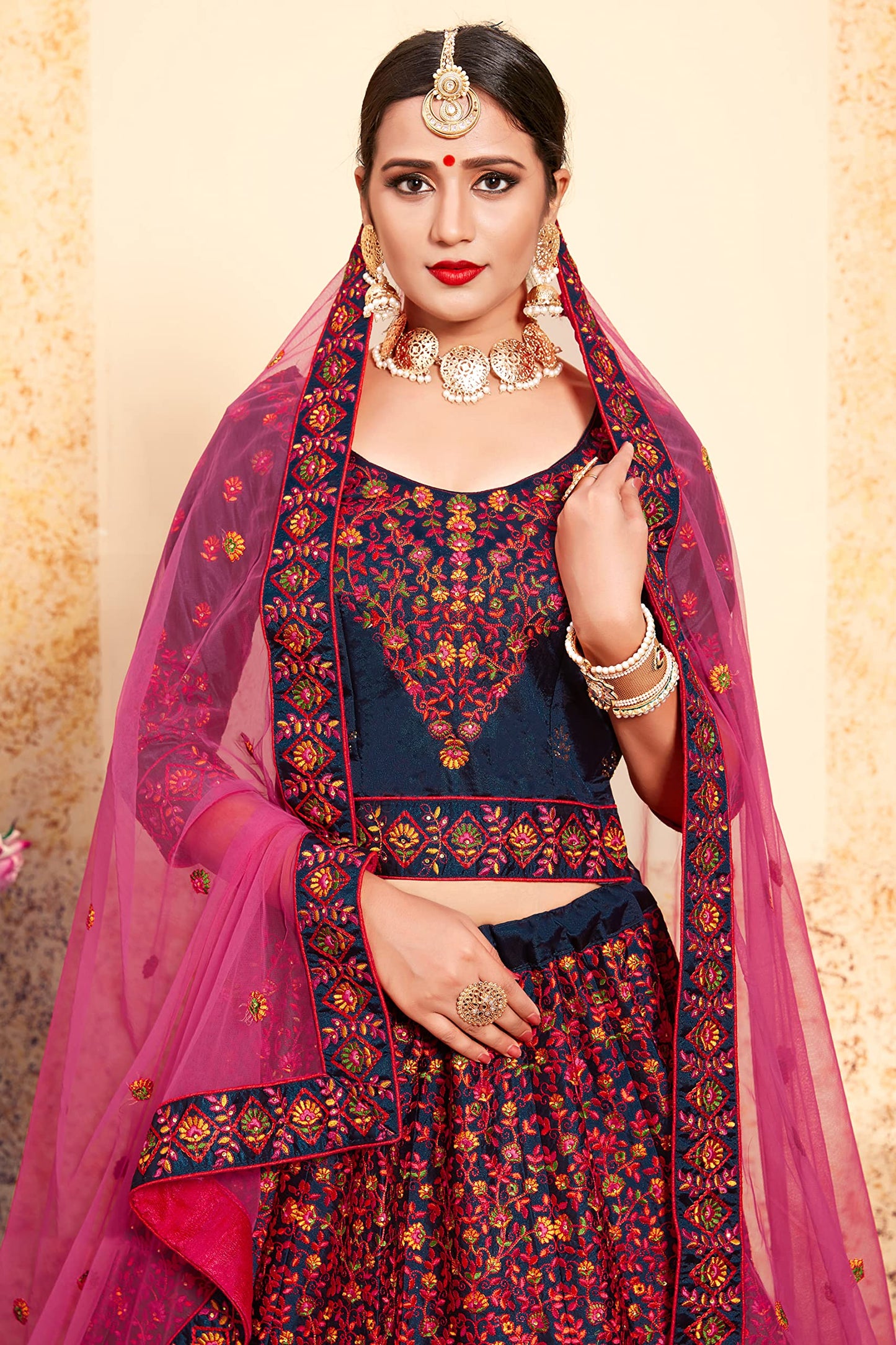 FUSIONIC Marvelous pink and blue colored silk base lehenga choli For Women