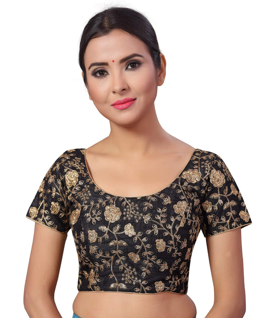Studio Shringaar Women's Polyester Readymade Embroidered Saree Blouse with Short Sleeves (Black, 38)