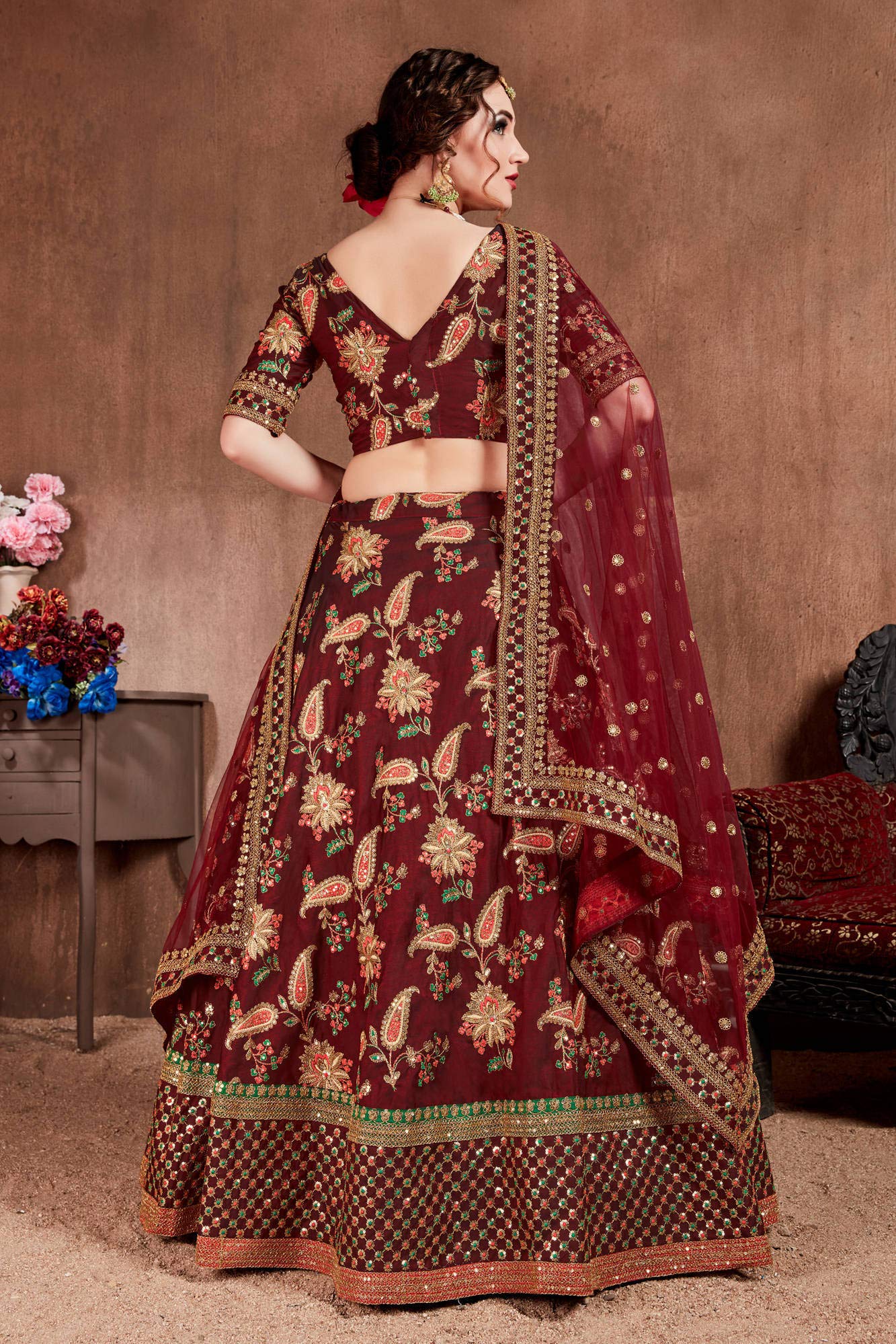 Zeel Clothing Women's Silk Semi stitched Lehenga Choli (Wedding-Bridal-Latest-Lehenga-34-Maroon_Maroon_Free Size)