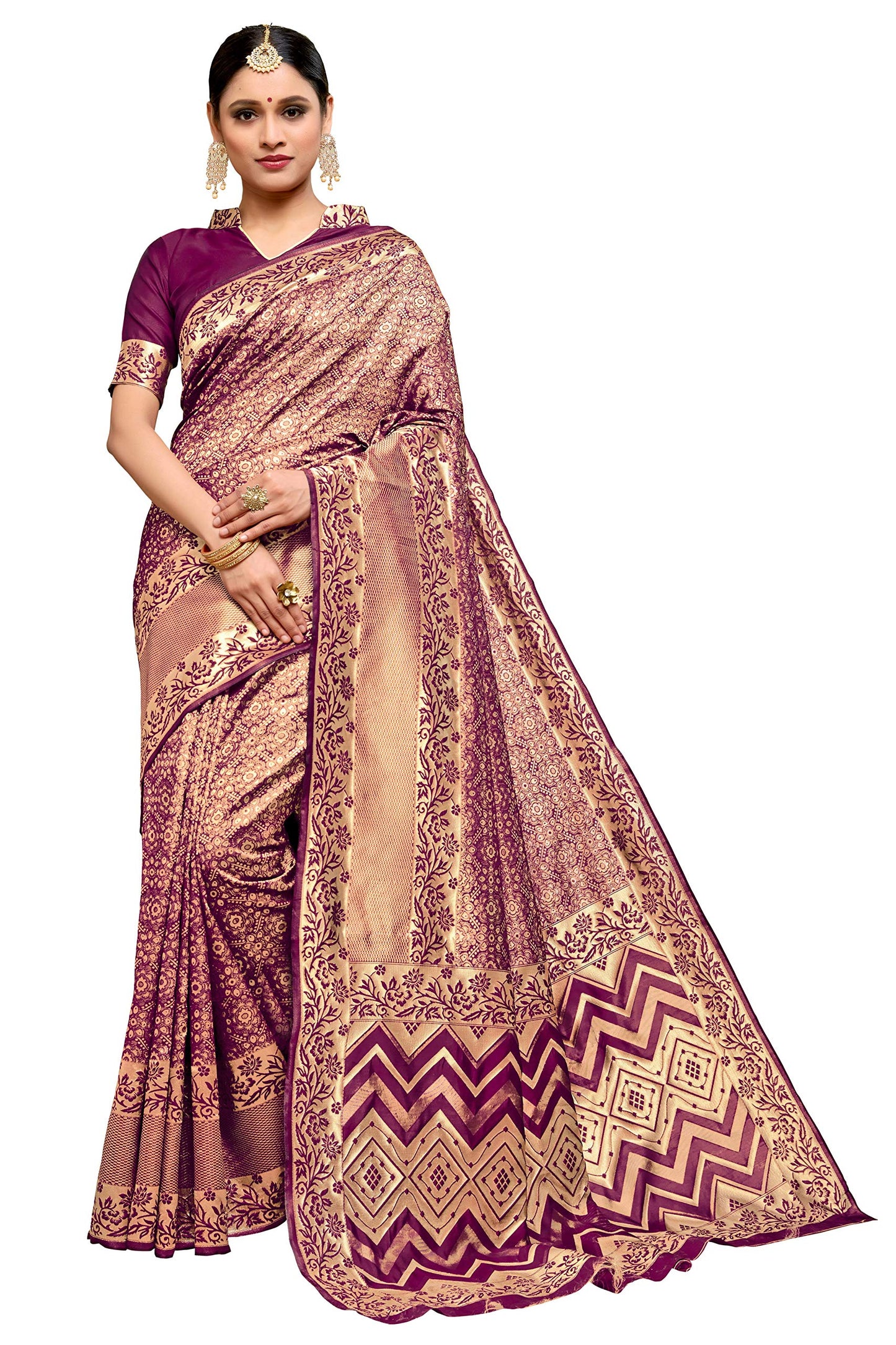 Glory Sarees Women’s Banarasi Silk Saree With Blouse Piece (Kara137_Wine)
