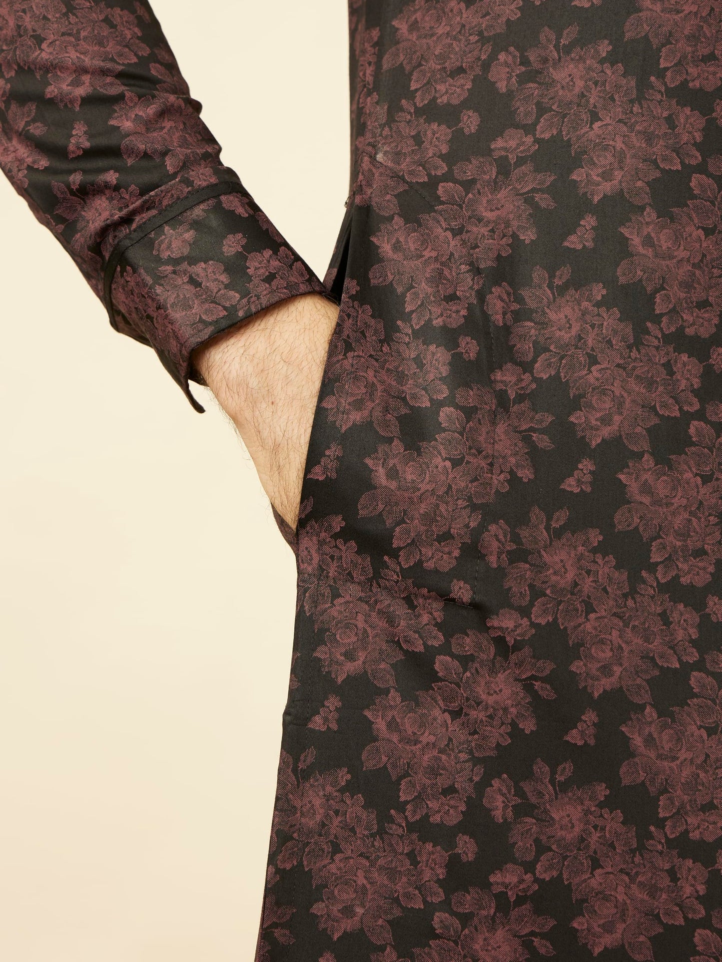 Manyavar Men's Midnight Black Floral Patterned Angrakha Style Kurta (XL)