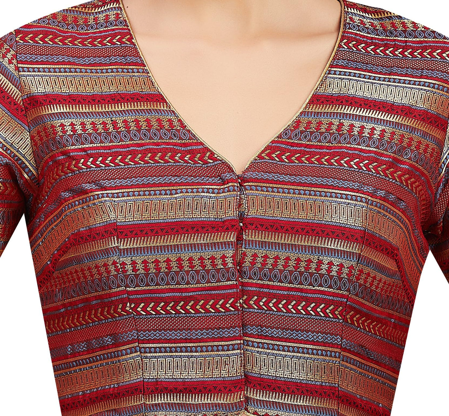 Studio Shringaar Women's Maroon Brocade Readymade Saree Regular Fit Elbow Length Sleeves Blouse (Maroon, 34)