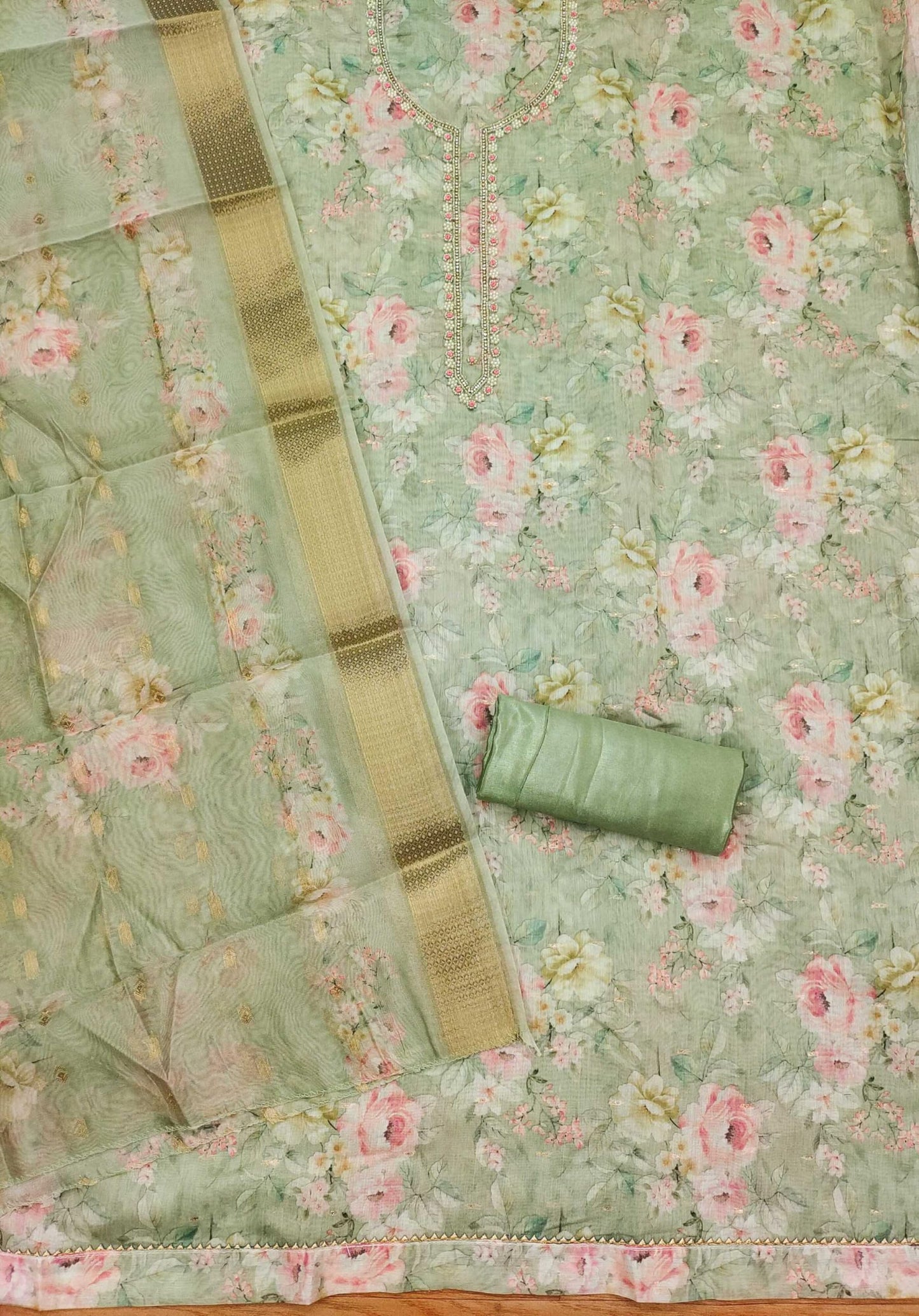 Pandadi Saree Women's Organza with Handwork Embellishments Salwar Suit Dress Material