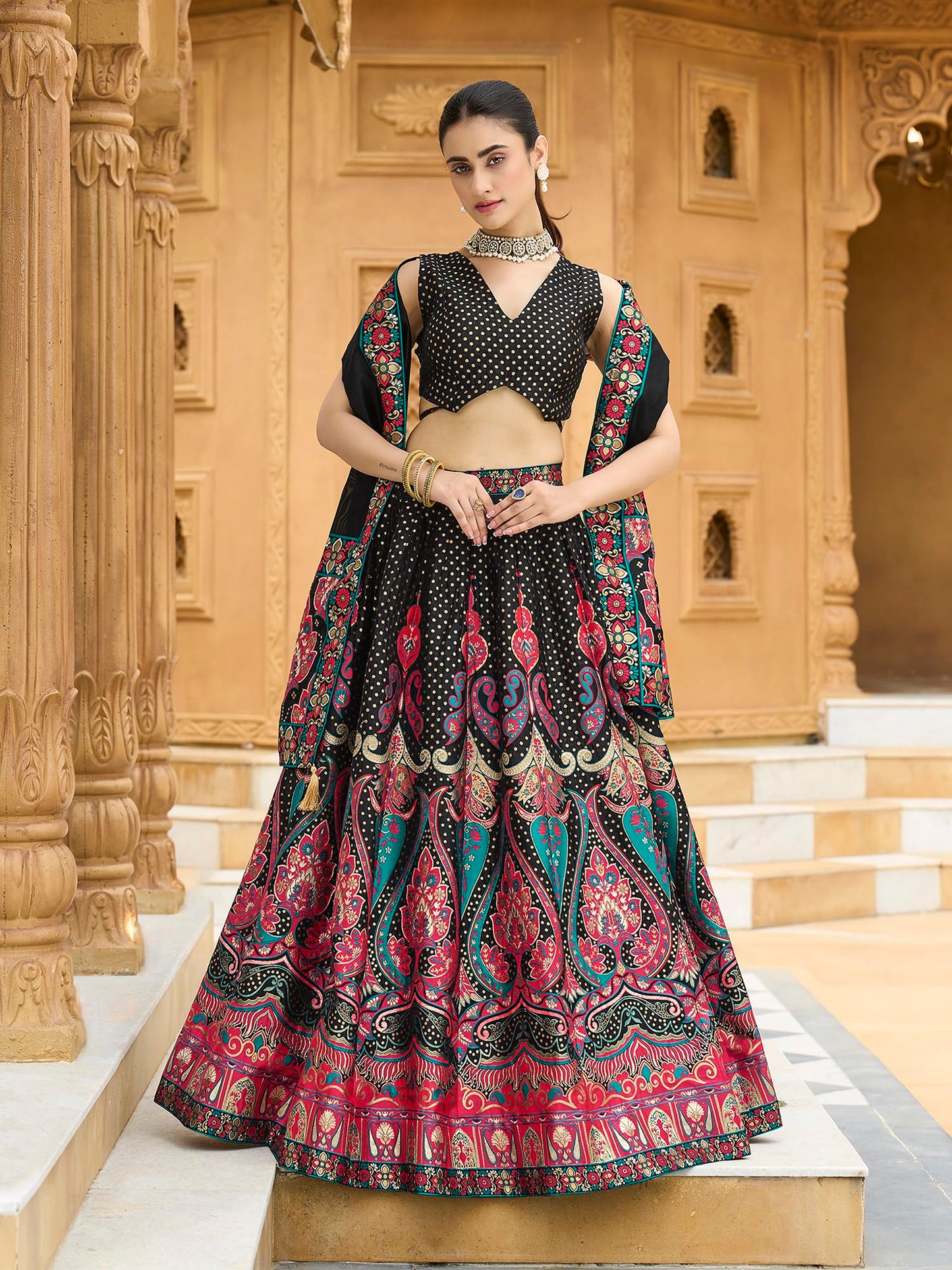 PURVAJA Women's Jacquard Semi-Stitched Lehenga choli (Sakhi-Black_Free Size)