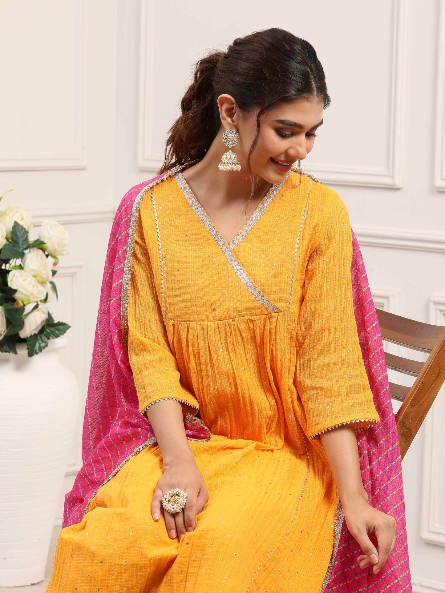 Biba Women Yellow Cotton Anarkali Suit Set_32