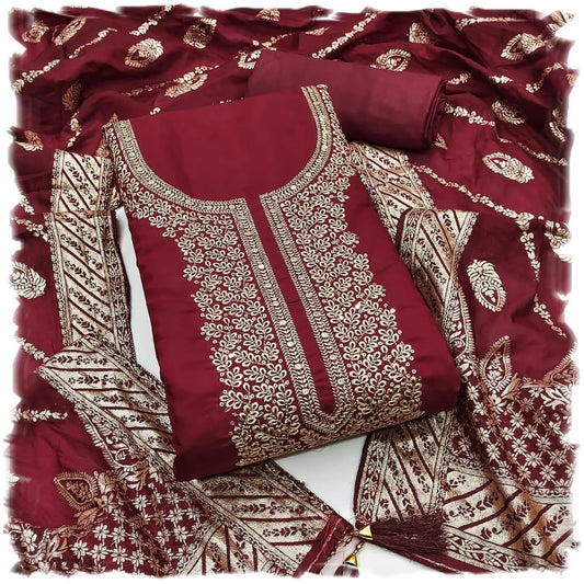 Leeli Peeri Designer Women's Roman Silk Embroidery Work Unstitched Dress Material