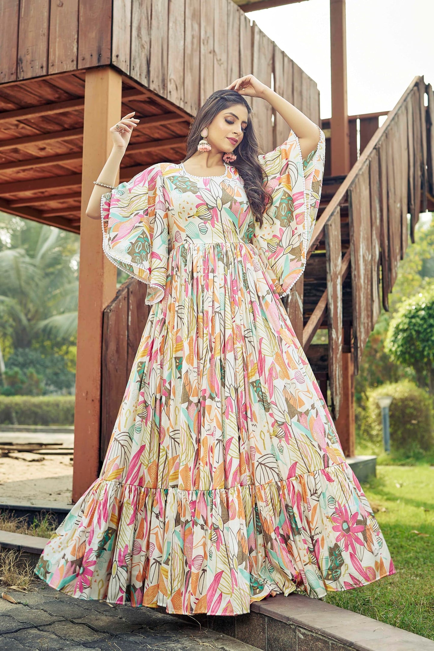 Samprag Rayon Gown for Women | Full Length | Printed | Fit & Flare | Flared & Bell Sleeves | Round Neck | Ethenic Dress | Ideal for Casual, Wedding & Party | Off-White & Sky Blue | S