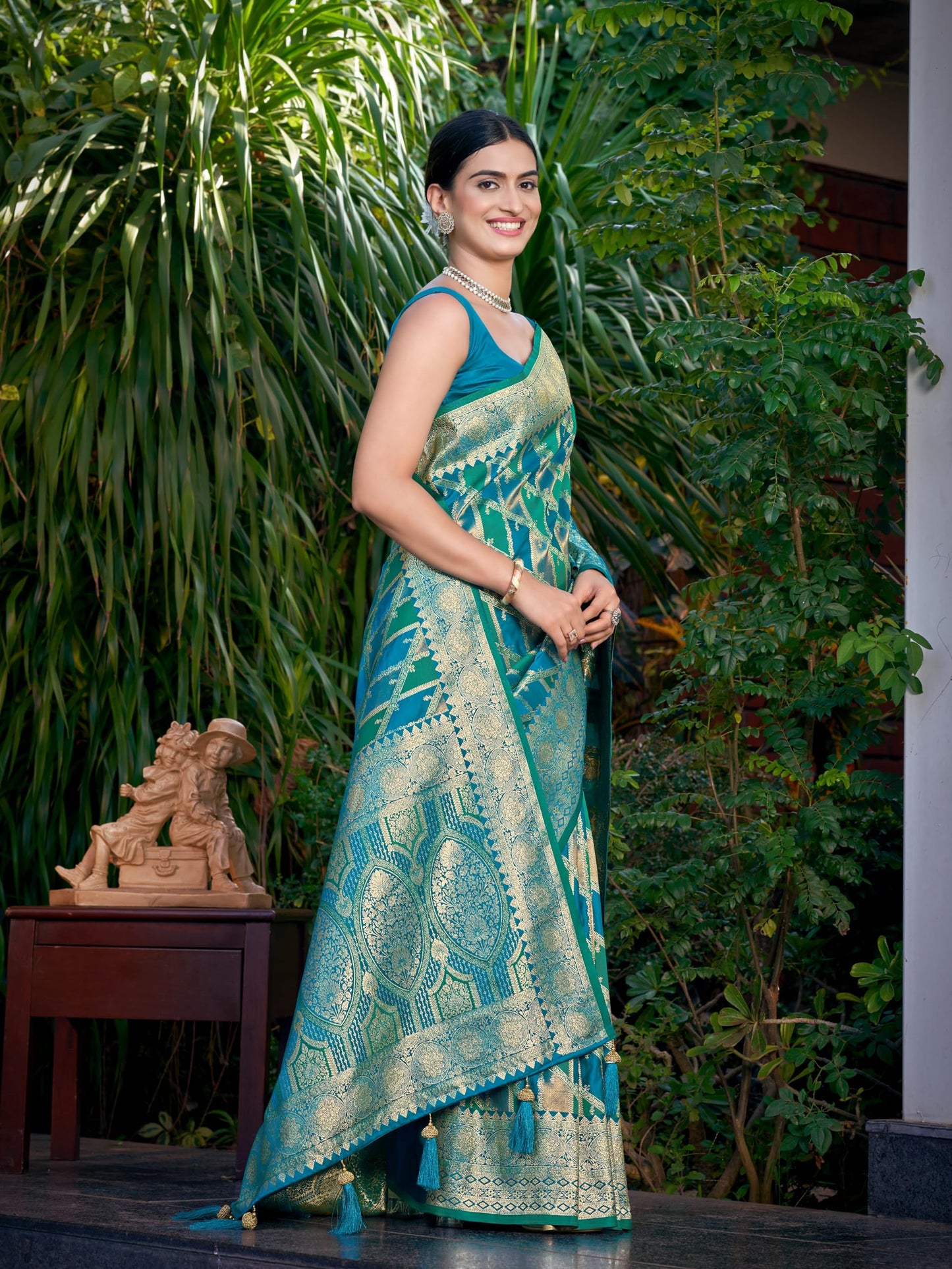 MANOHARI Women's Most Trendy Banarasi Satin Silk Woven Turquiose Blue Saree With Heavy Jacquard Work Saree With Blouse Piece_MN2042