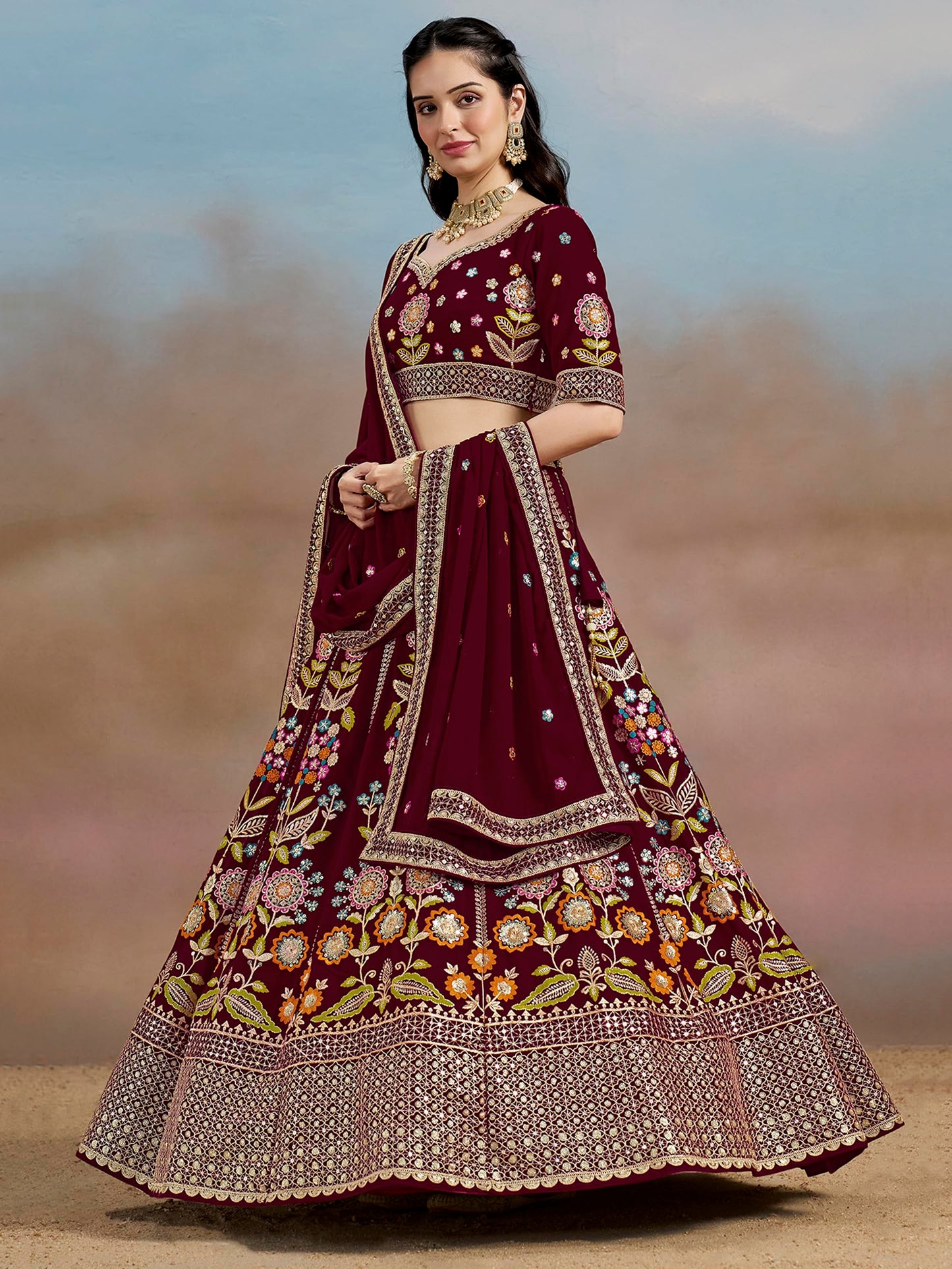 Zeel Clothing Women's Sequins Thread Embroidered Georgette Lehenga Choli With Dupatta (6008-Maroon-Women-Lehenga-Choli-New; Free Size)(Maroon)