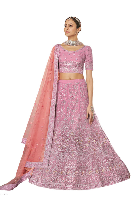 FUSIONIC Pink Color Organza Base Kalidar Lehenga Choli For Women