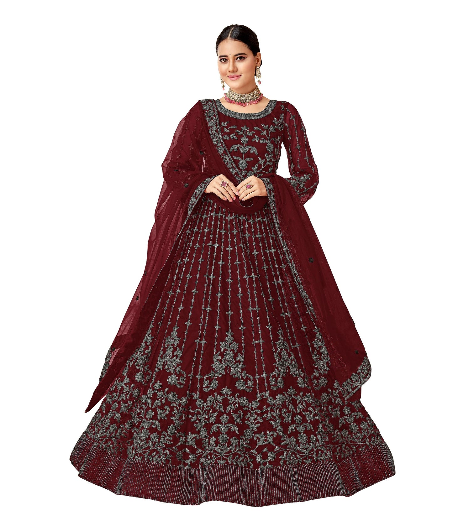 RUDRAPRAYAG Net and Santoon Long Anarkali Gown for Women | Semi Stitched Anarkali Gown for Women | Gown in Clothing & Accessories Maroon