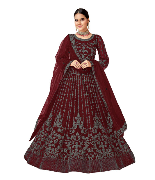 RUDRAPRAYAG Net and Santoon Long Anarkali Gown for Women | Semi Stitched Anarkali Gown for Women | Gown in Clothing & Accessories Maroon