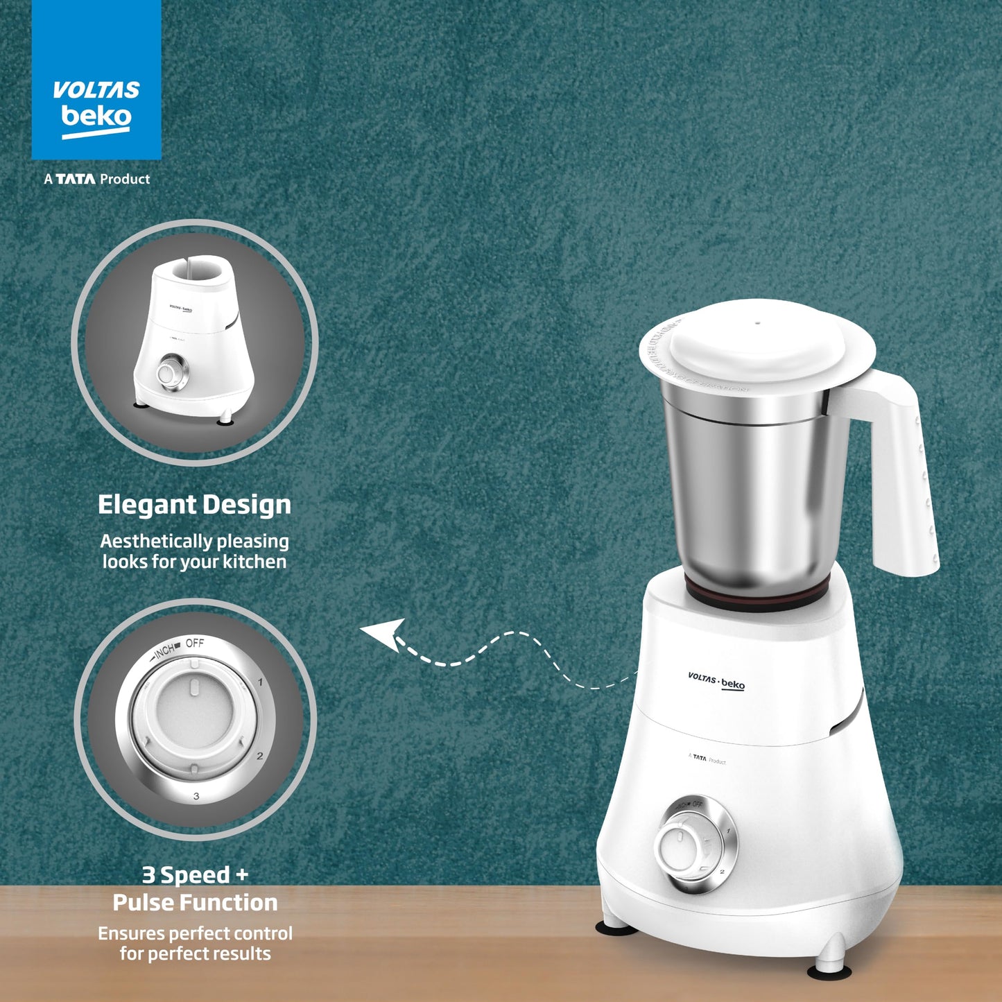 Voltas Beko, A Tata Product Powerfull 500 W Mixer Grinder with GrindX Technology (G5003HP-WH | 3 Jars | White)