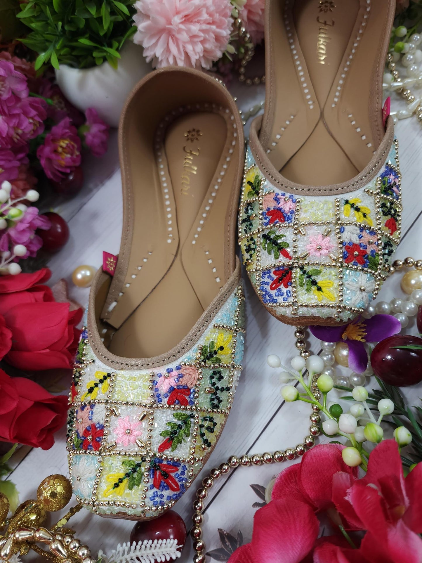 Fulkari Women Paradise Gold Multi Formal Genuine Soft Leather Jutis | Bite and Pinch Free Juttis | Punjabi Jutti | Girl's Wedding Flat Ladies Mojari Ethnic Juti |