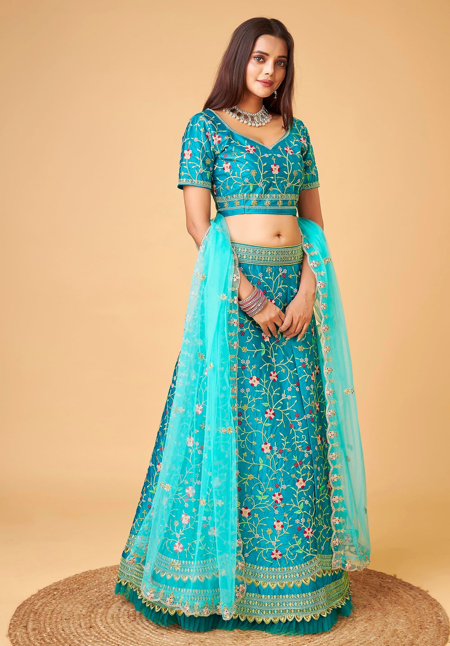 TRENDMALLS Women's Satin Embroidery Lehenga Choli With Dupatta (L57-Turquoise, Semi stitched)
