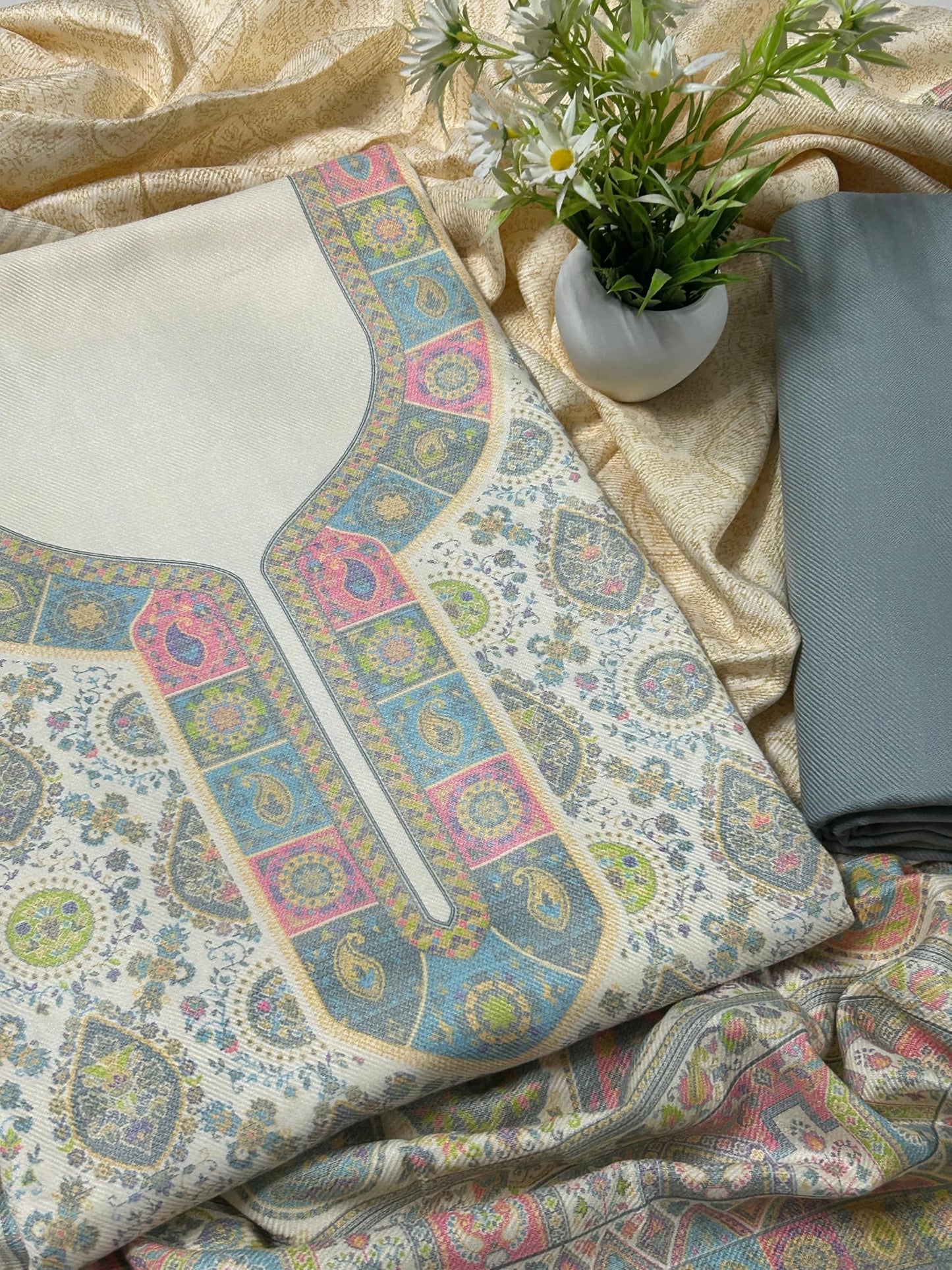 EJS Women's Unstitched Woolen Pashmina Printed Salwar Suit Dress Material With Soft/Pashmina Shawl (Grey)