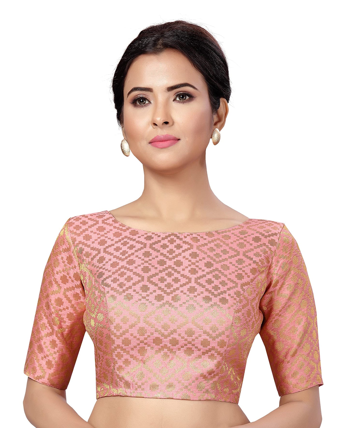 Studio Shringaar Women's Readymade Brocade Elbow Length Sleeves Saree Blouse (Light Pink, 36)