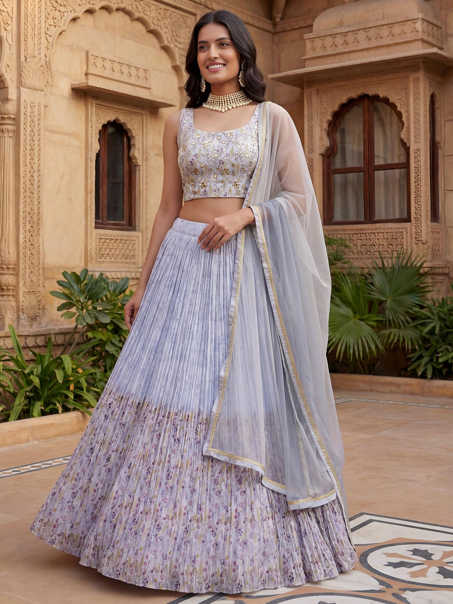 Zeel Clothing Digital Print Mirror Hand Work Georgette Lehenga Choli with Dupatta (5100-Blue-Women-Stylish-Lehenga-Choli; Free Size)
