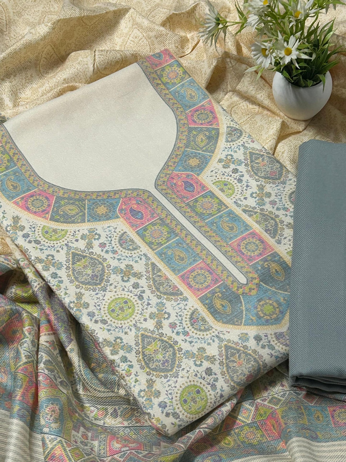 EJS Women's Unstitched Woolen Pashmina Printed Salwar Suit Dress Material With Soft/Pashmina Shawl (Grey)