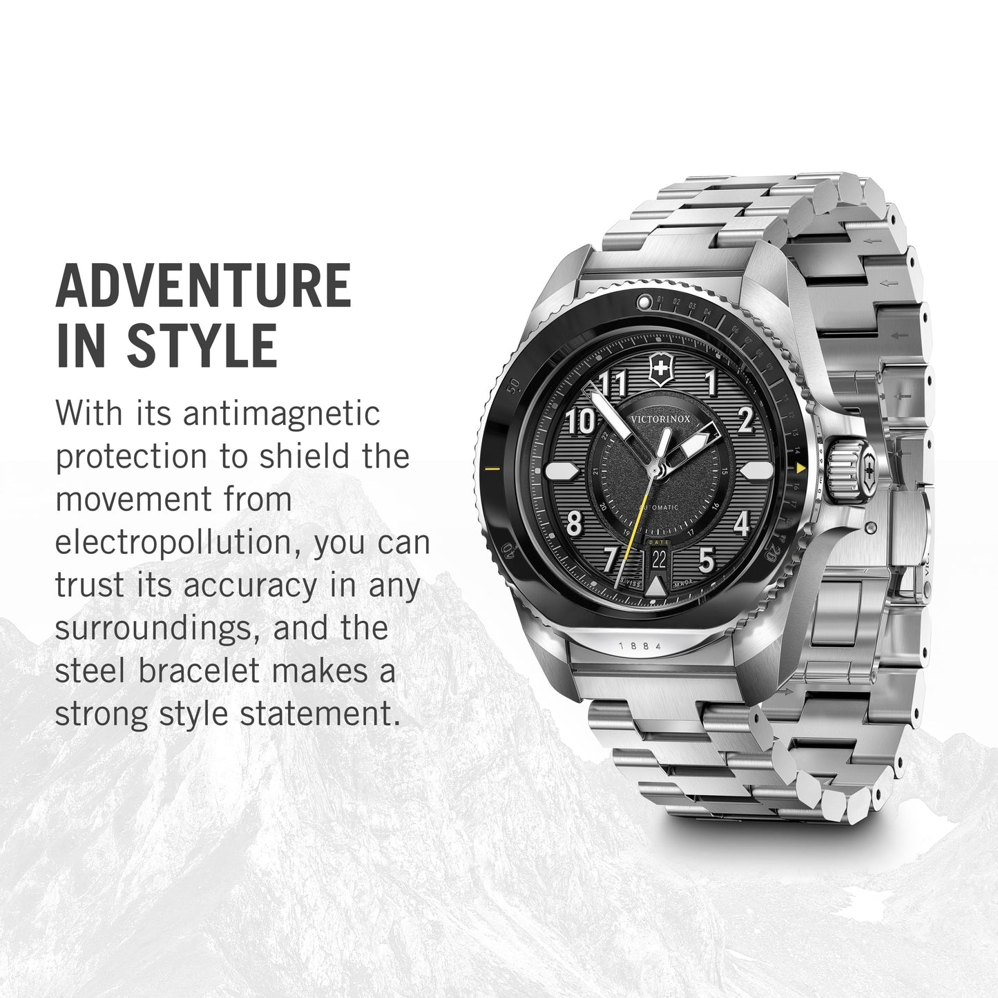 Victorinox Stainless Steel Journey 1884, Automatic Swiss Made Men's Analog Watch, Black Dial, 43 Mm, Water Resistant Up To 200 M, Sellita Sw 200-1 Movement, Wrist Watch For Men | 241981,Silver Band