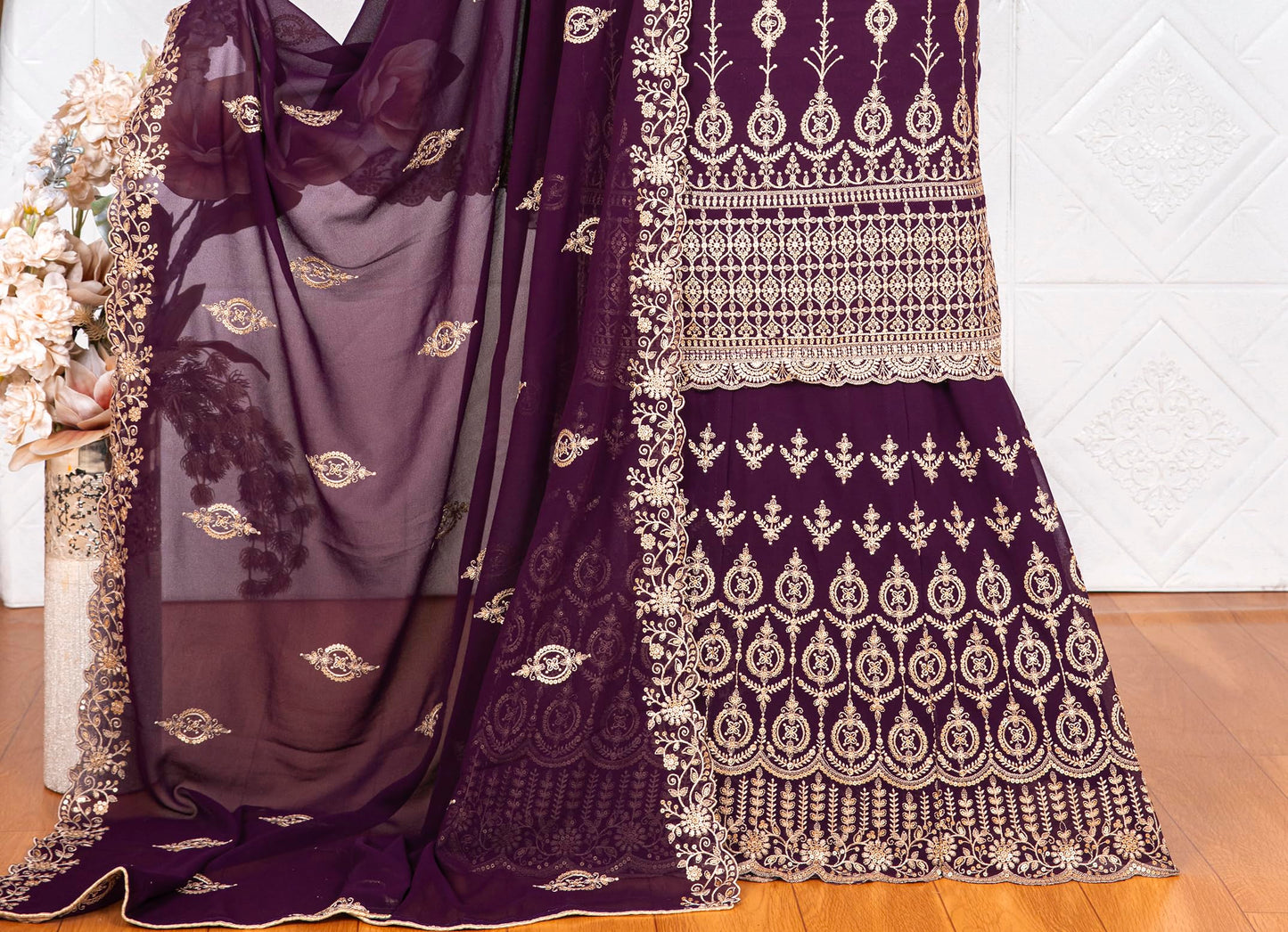 VUBA Women's Faux Georgette Embroidered Sequence Work Semi Stitched Top With Stitched georgette Sharara with Heavy Dupatta Straight Kurta Dress Material sharara suit set (VUBA-785, Purple)