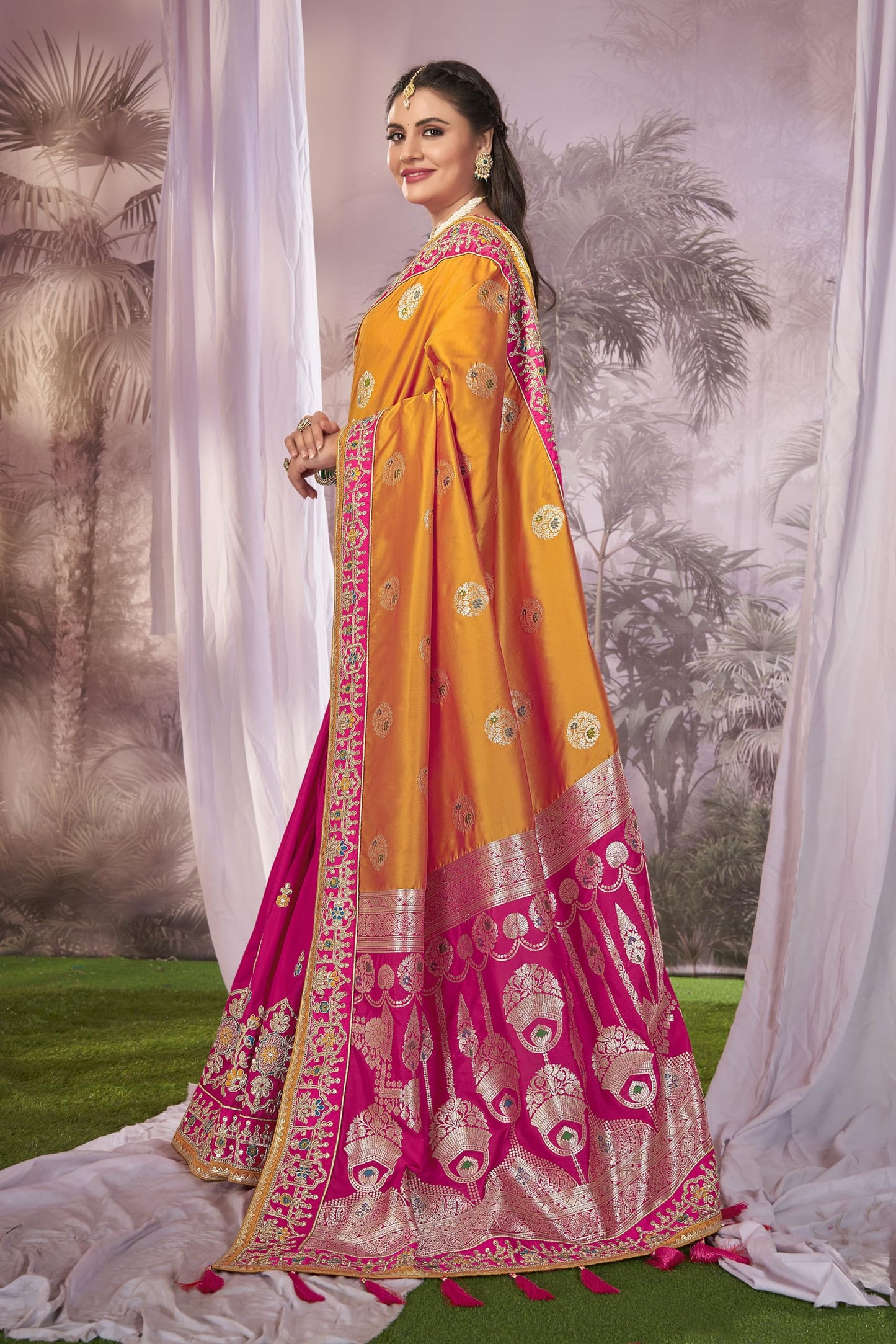 MANOHARI Banarasi Silk Woven Saree With Heavy Embroidery Blouse Piece_Mn1877 - Women, Yellow
