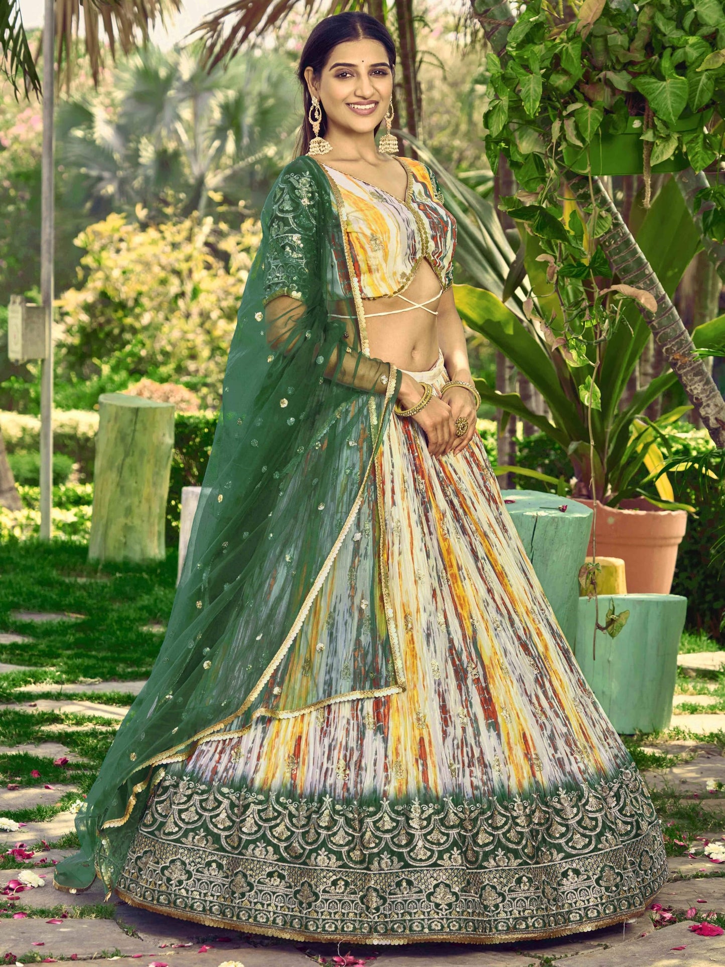 Zeel Clothing Women's Zari Sequins Embroidered Silk Semi-stitched Lehenga Choli With Dupatta (5051-Green-Womens-Lehenga-Choli-Latest; Free Size)